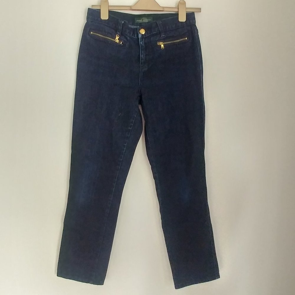 LRL LAUREN Jean Co Women's Straight Leg Blue Jeans Gold Zip Front Pockets Size 2